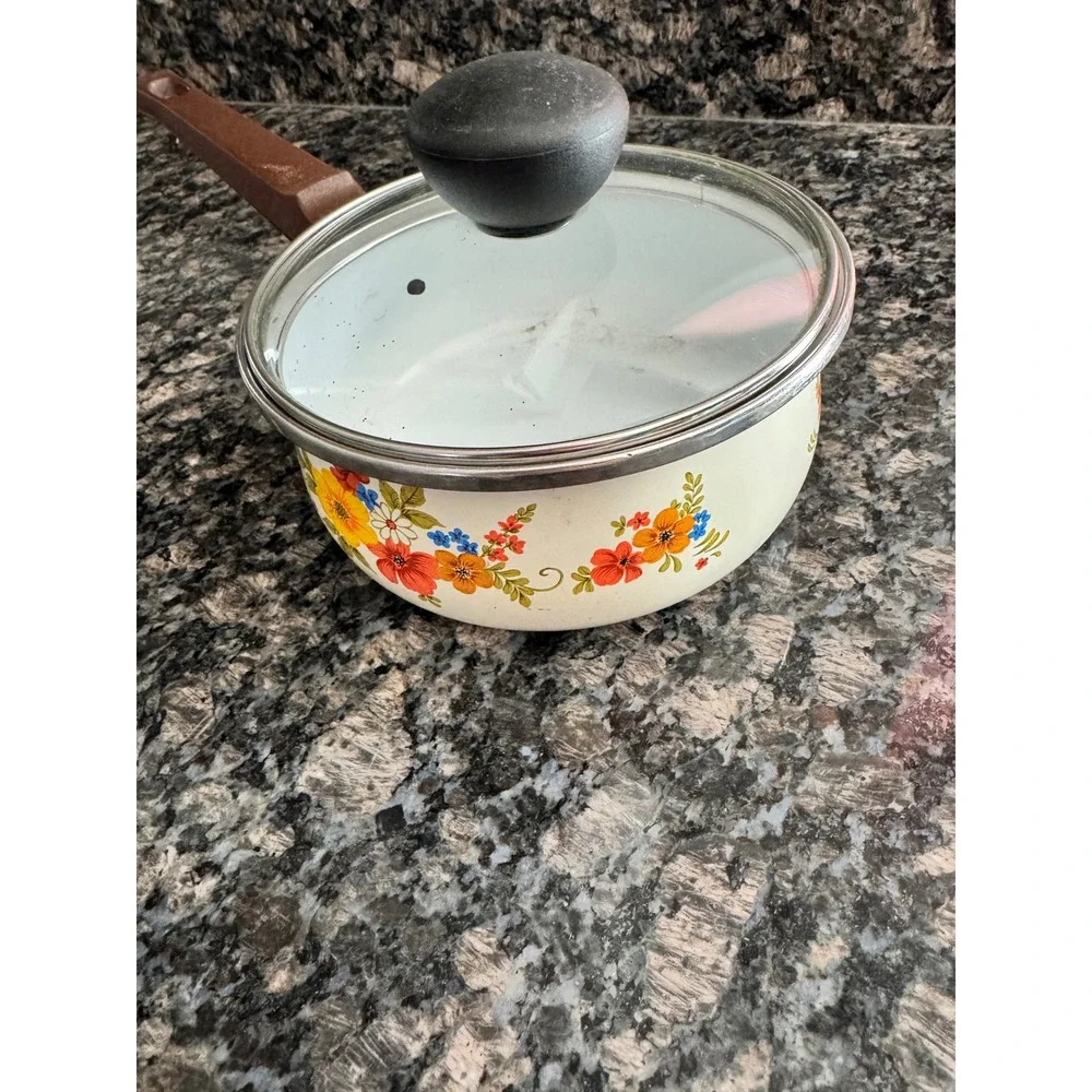 Vintage JMP Sweet Flowers‎ Enamel Saucepan with Lid Made in Spain Floral Retro